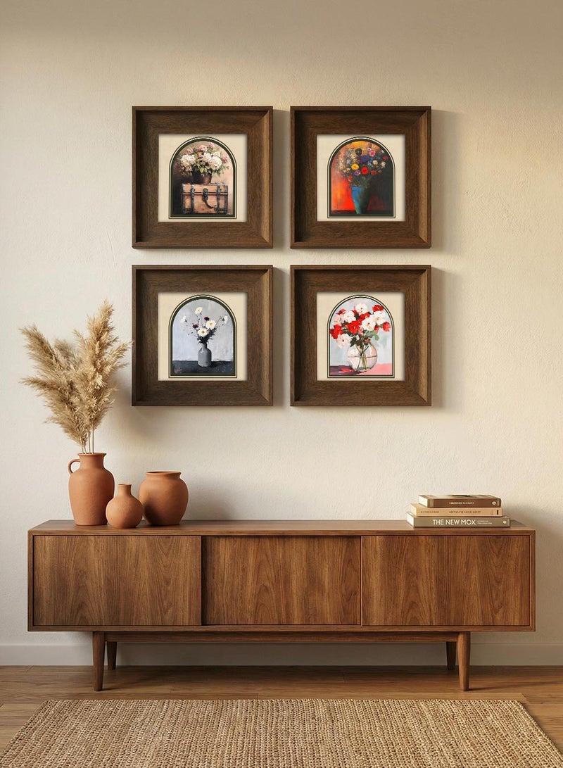 LOWHA Set of 4 Canvas Wall Art Stretched Over Wooden Frame with Vintage Brown Floating Frame and Floral Vessels Design - Image 2